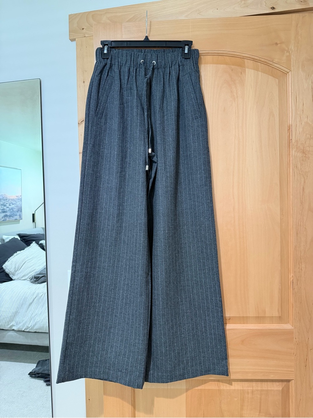 bohme Wide-Leg Pinstripe Pants in Charcoal